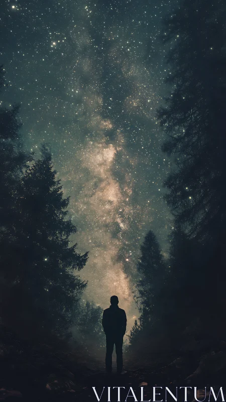 Silhouette observes dense Milky Way band over dark forest