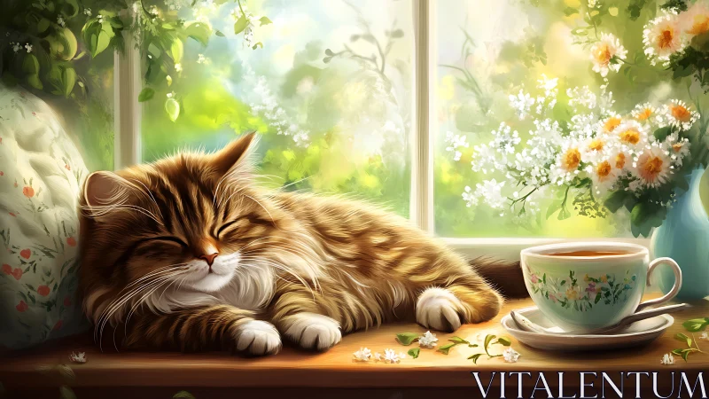 Tabby Cat Napping by Sunlit Window with Tea and Flowers