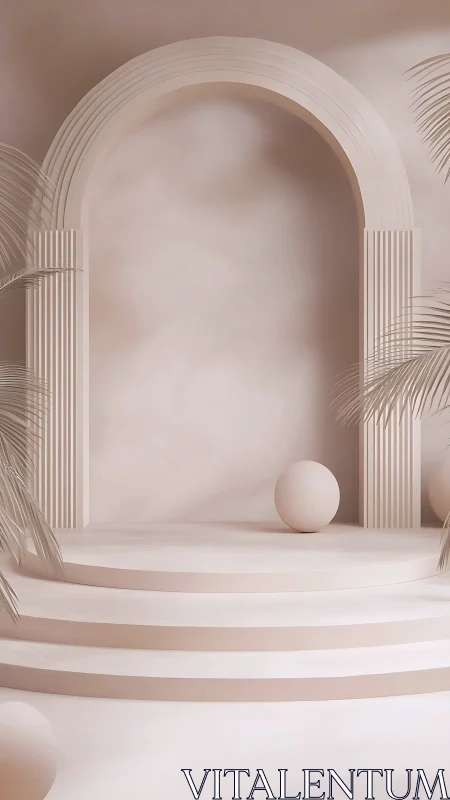 Monochrome arched stage with geometric forms and foliage.