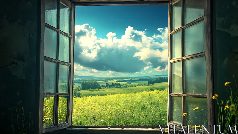 Open wooden window frames vivid spring meadow panorama