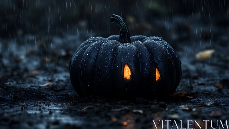 Black jack o lantern glows under cold autumn rain.