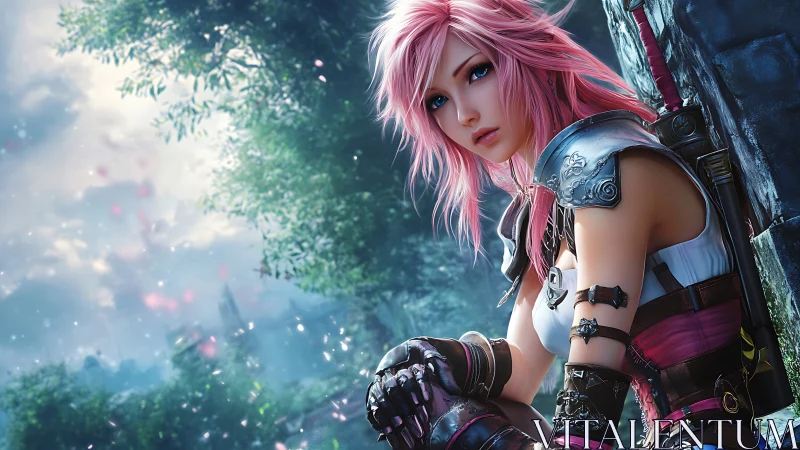 Pink‑haired warrior resting in a spell‑soft forest glow.