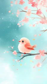 Ethereal Songbird Perched Among Cherry Blossoms in Turquoise.