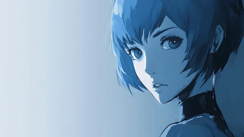 Blue-haired anime portrait with stark monochrome lighting.