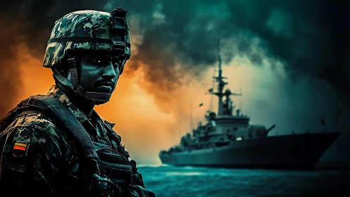 Calm naval soldier standing before a warship at sea.