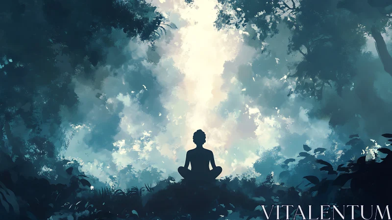 Silhouette of meditative figure under diffuse forest skylight
