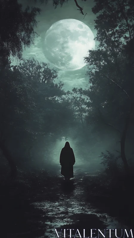 Cloaked figure under oversized moon in misted forest composition.
