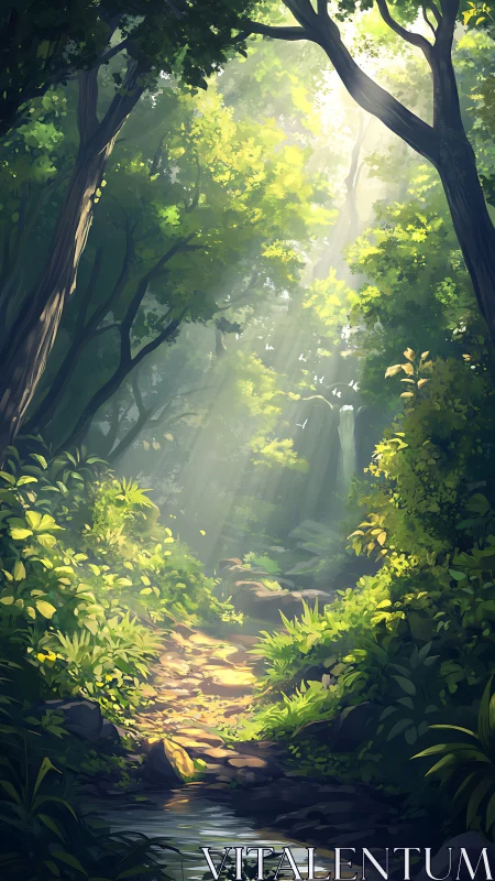 Sunlit Forest Path with Stream and Canopy.