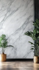Sunlit marble wall with potted tropical plants in balance.