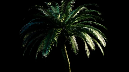 Sunlit palm tree glowing softly against deep night sky.