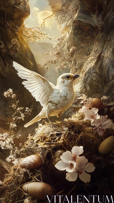 Gentle white songbird welcomes sunrise above a hidden nest