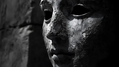 Eroded stone face mask in high contrast chiaroscuro study