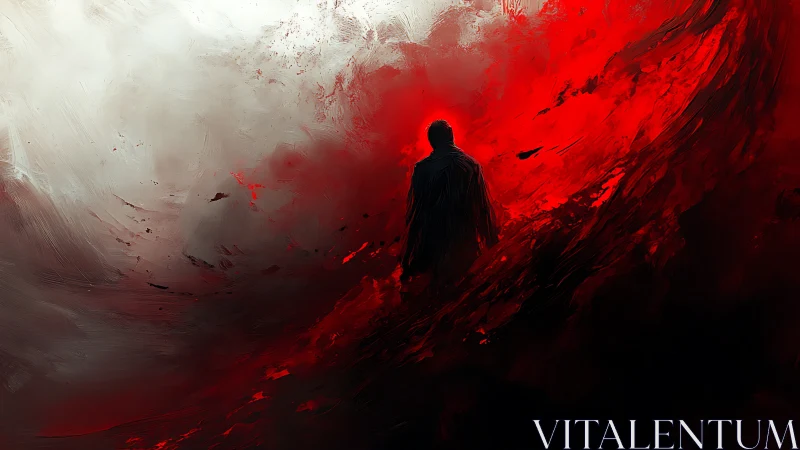 Solitary figure walks through swirling red and white storm