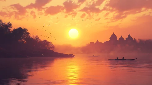 Golden river sunset welcomes quiet boats and distant temple