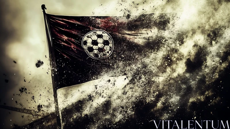 Soccer emblem flag disintegrates through dynamic dust storm.
