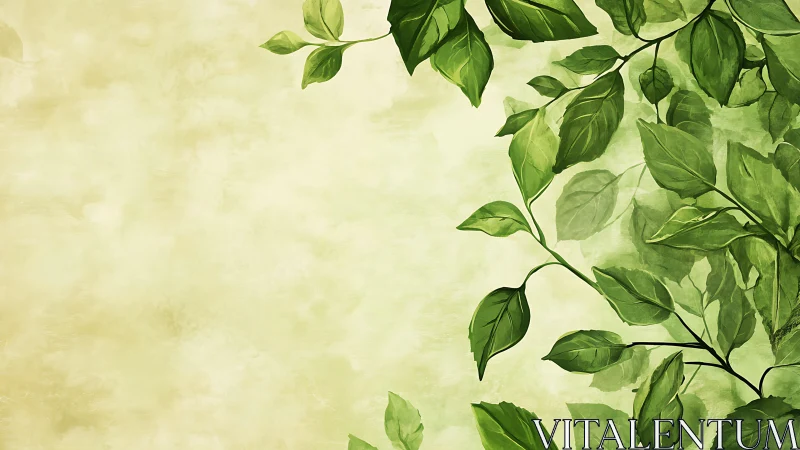 Verdant leafy vines over soft textured pastel ground.