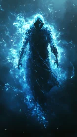 Hooded spectral figure formed from bright electric blue energy