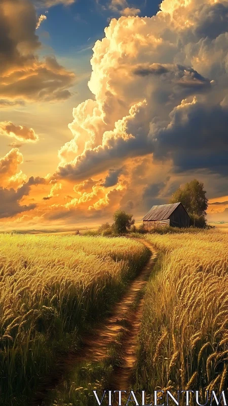 Cumulonimbus-lit wheat path with distant farmhouse geometry.