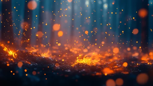 Embers dispersing through dark space with flame residue ground level