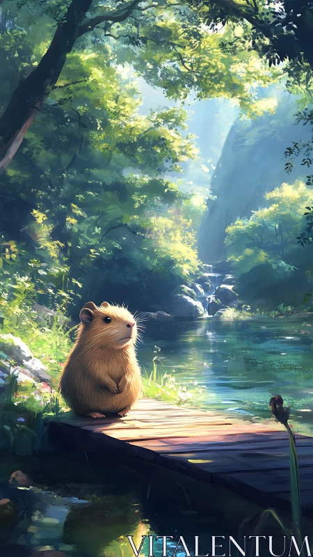 Guinea pig sits on wooden dock beside calm forest stream.