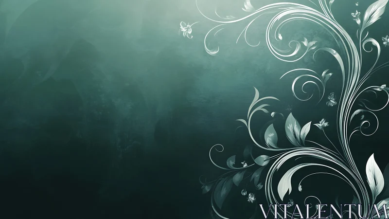 Curvilinear silver floral scrollwork on teal vignetted gradient field