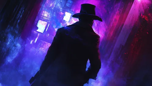 Lone noir detective stands in neon alleyway haze