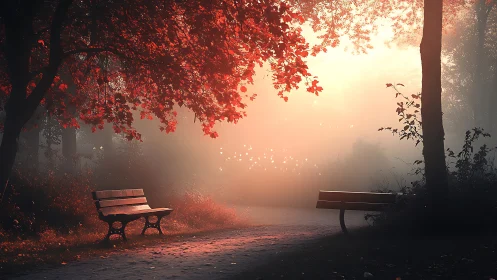 Empty park benches under red autumn trees at sunrise.