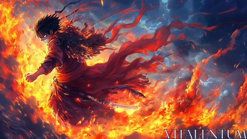 Fire-wreathed warrior strides through a blazing storm of flame.