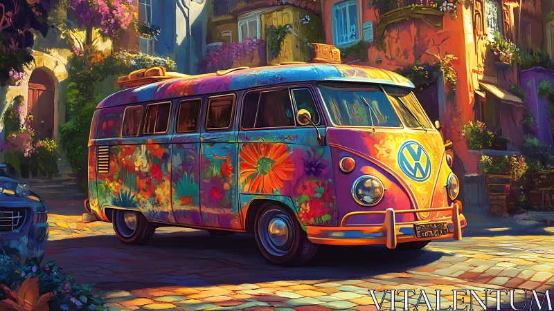 Floral van is parked on a cobblestone street in sunlight