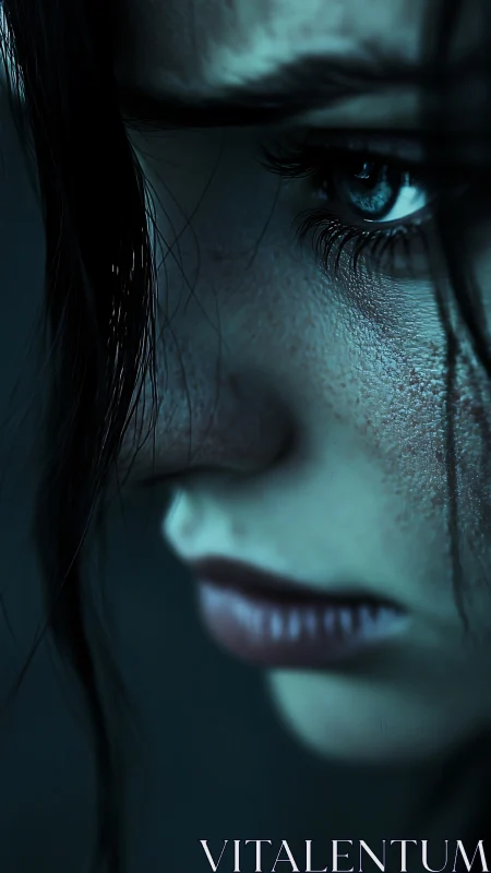 Moody teal portrait with intense close-up gaze detail.