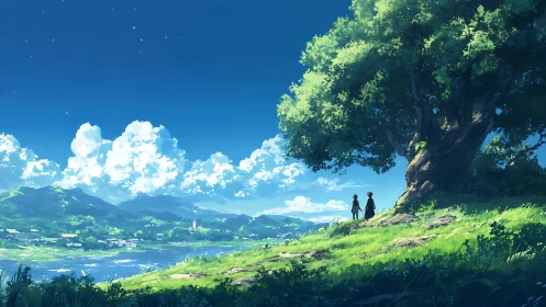 Two friends stand beneath large tree over bright valley.