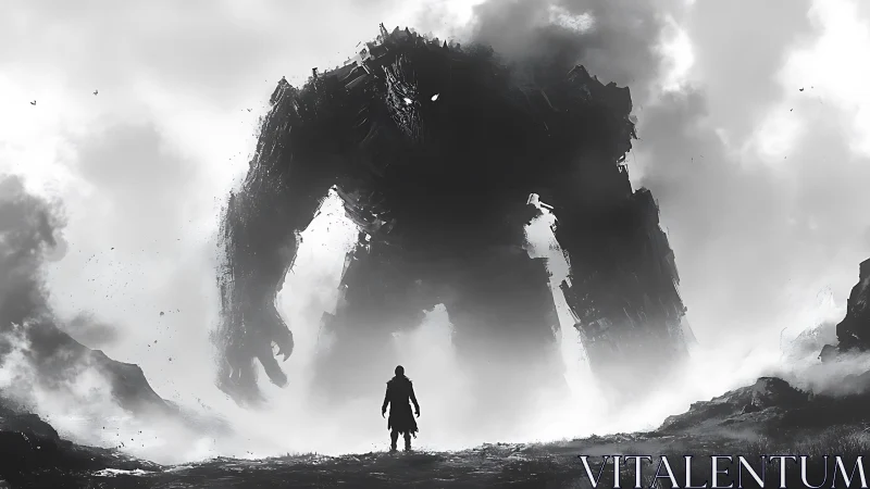 Stormy horizon reveals lone hero facing colossal titan