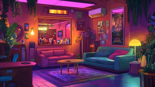 Neon lit lounge interior with sofas, plants, and wall decor.