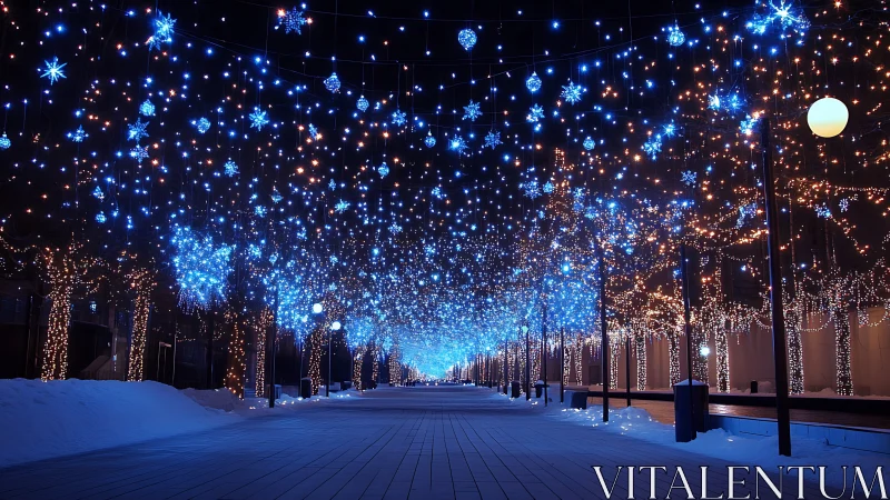 Sparkling winter walkway glows under drifting blue lights