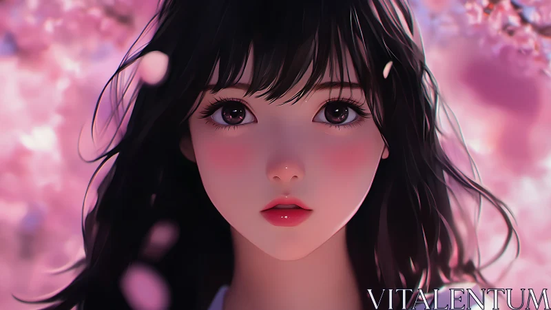 Pink bokeh portrait of dark haired girl under blossoms.