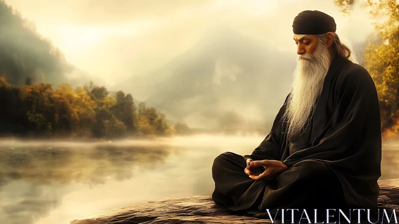 Meditating sage sits beside misty lake in golden dawn light