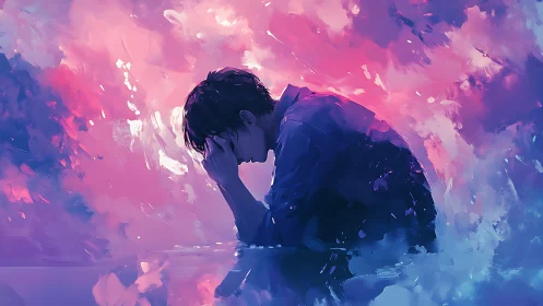 Solitary figure in neon storm of abstract emotional color.