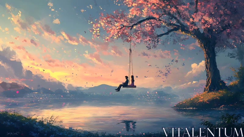 Couple share twilight swing beneath glowing blossom tree.
