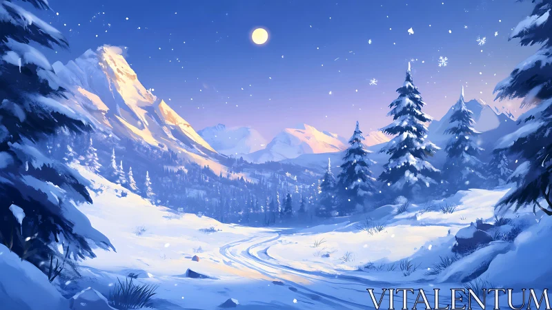 Moonlit powder trail winding through quiet alpine hush.