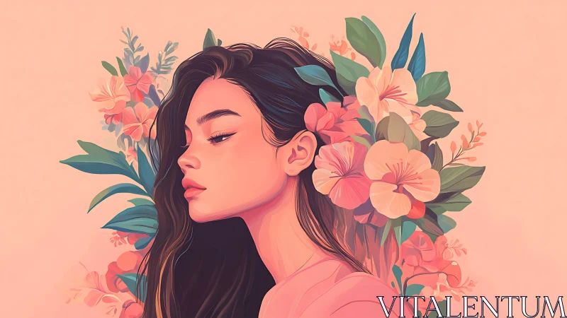 Woman in profile with stylized floral arrangement behind head