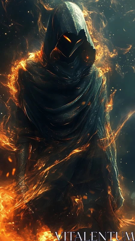 Mysterious fire-cloaked wanderer wrapped in swirling embers.