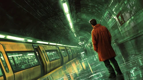 Solitary commuter in neon-washed underground tunnelscape.