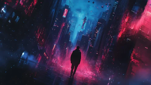 Solitary figure traverses neon-split cyberpunk megacity corridor