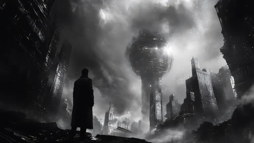 Solitary figure observes spherical structure in ruined cityscape