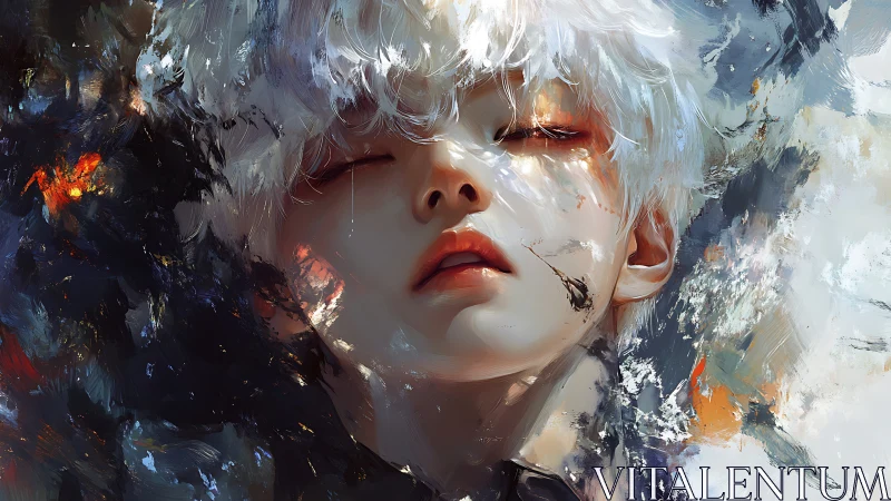 Dream-drowned angel in storm-splashed color quiets the void.