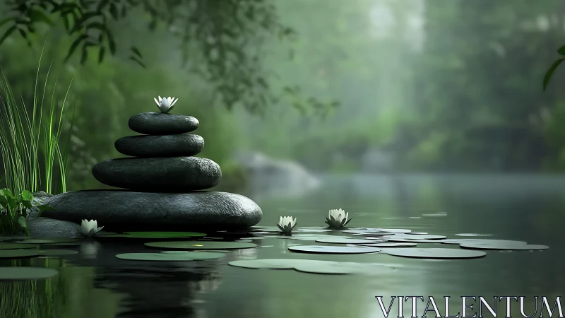 Serene zen stones rise above misty pond in tranquil forest