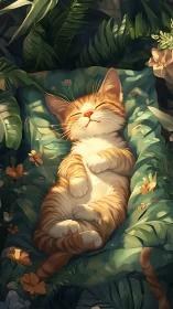 Ginger Cat Sleeping in Garden of Green Foliage.