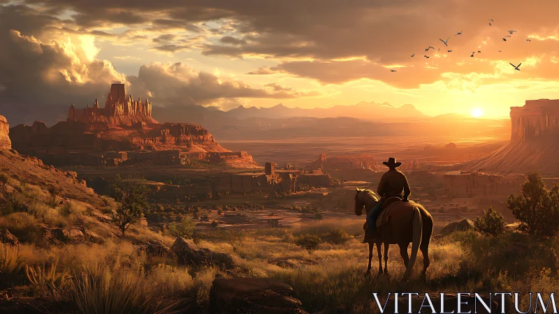 Rider observes expansive desert plateau at low sunset light