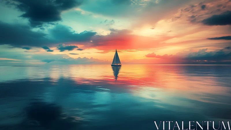 Solitary sailboat drifting through watercolor sunset calm.