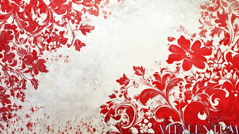Red floral flourishes over distressed white background.